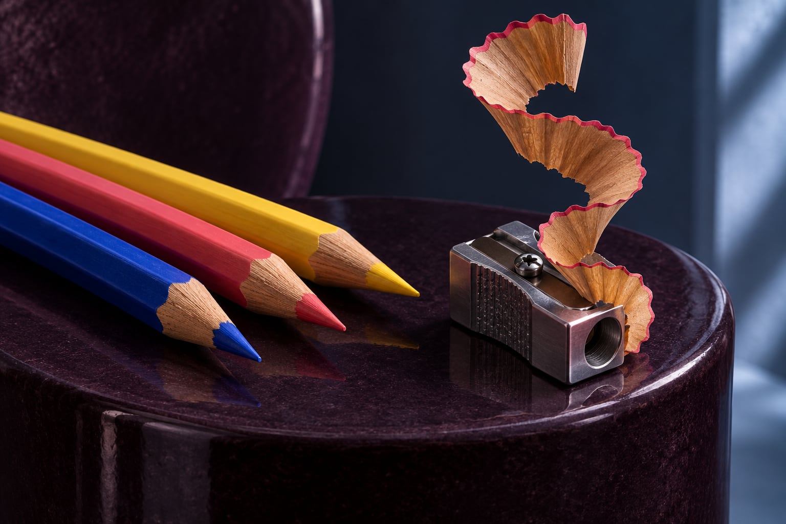 Three colored pencils and a metal sharpener beside a spiral wood shaving on a dark sculptural base.