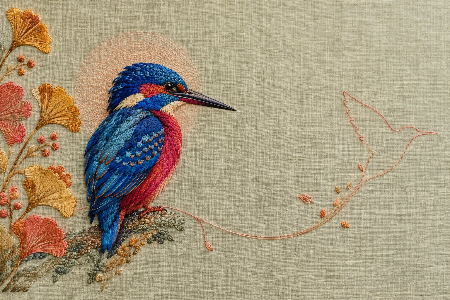 A richly colored embroidered bird on pale celadon linen, surrounded by a soft halo and generous unstitched space.