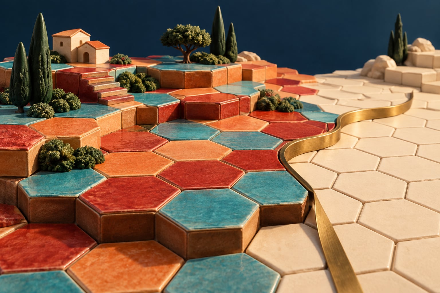 Landscape of hexagonal ceramic tiles, with a golden ribbon dividing colored and pale areas.