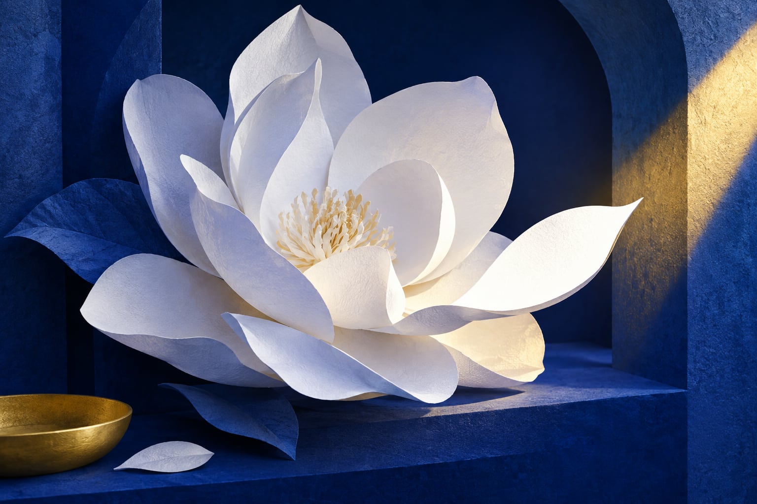 White paper magnolia against a blue arch, lit by a golden beam.