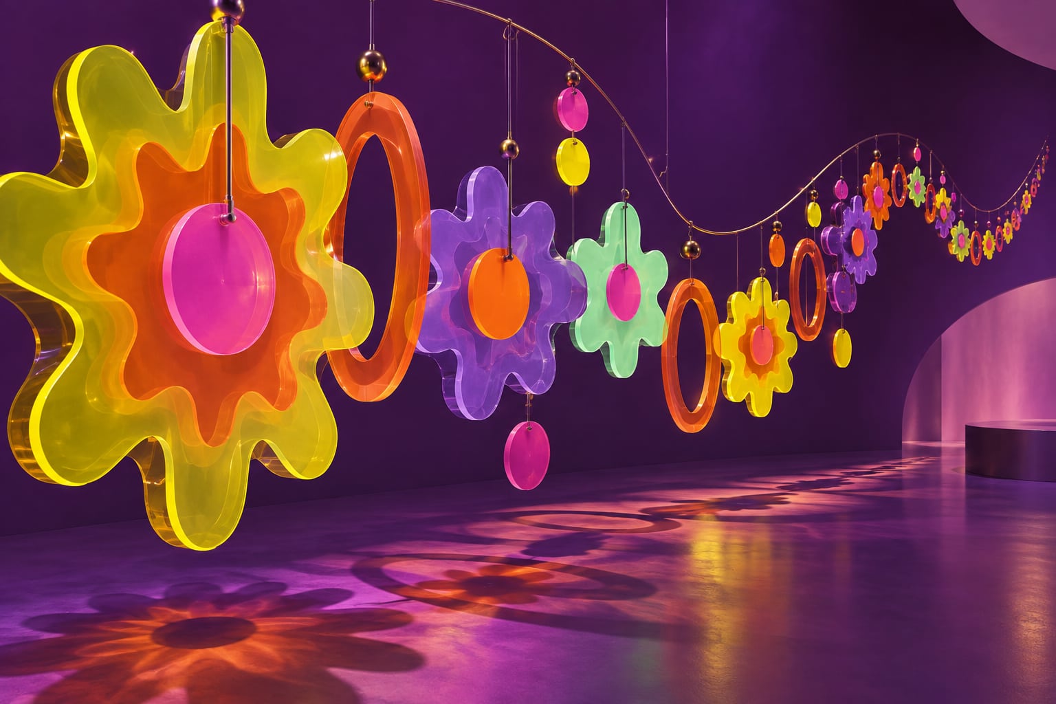 Mobile of colorful acrylic flowers and curves repeating a rhythm in a violet gallery.