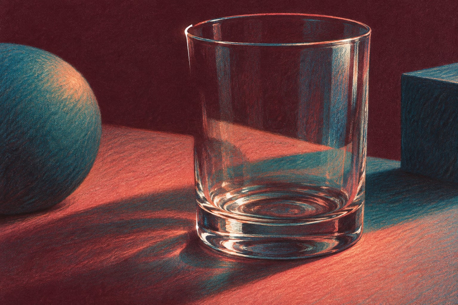 Colored-pencil illustration of a transparent glass beside coral and turquoise shapes.
