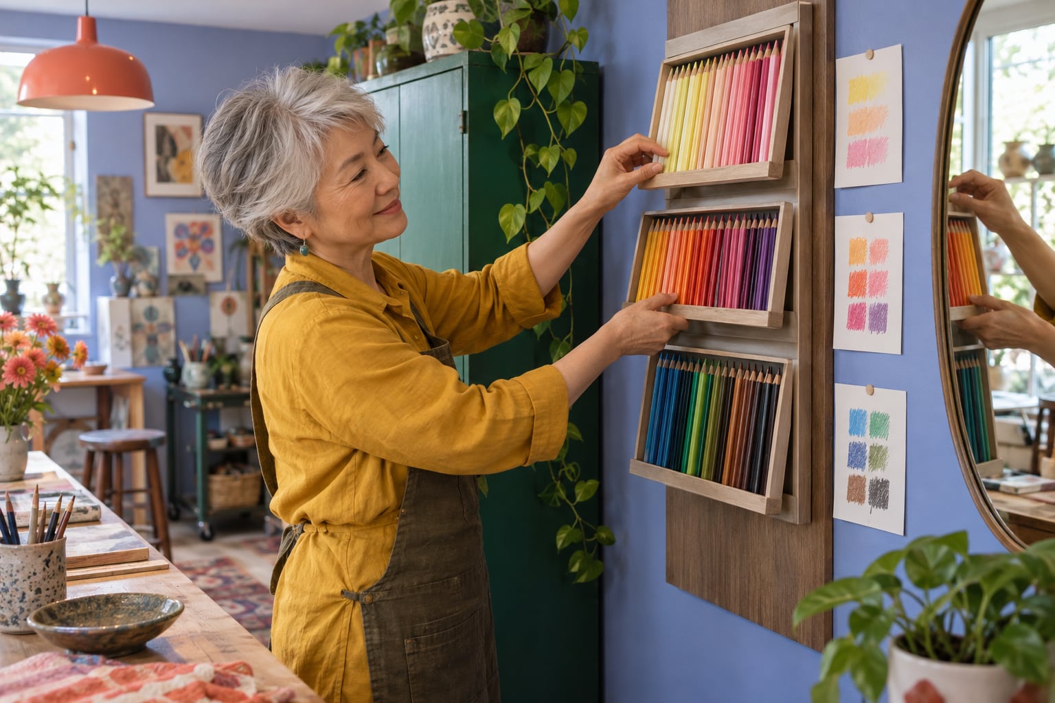 Silver-haired woman arranging colored pencils in wall trays in her studio.