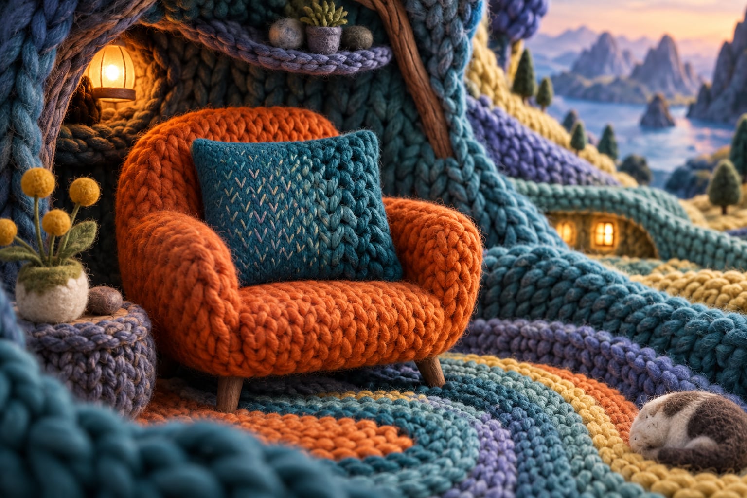 Miniature knitted nook with an orange armchair, turquoise cushion, and a small sleeping cat.