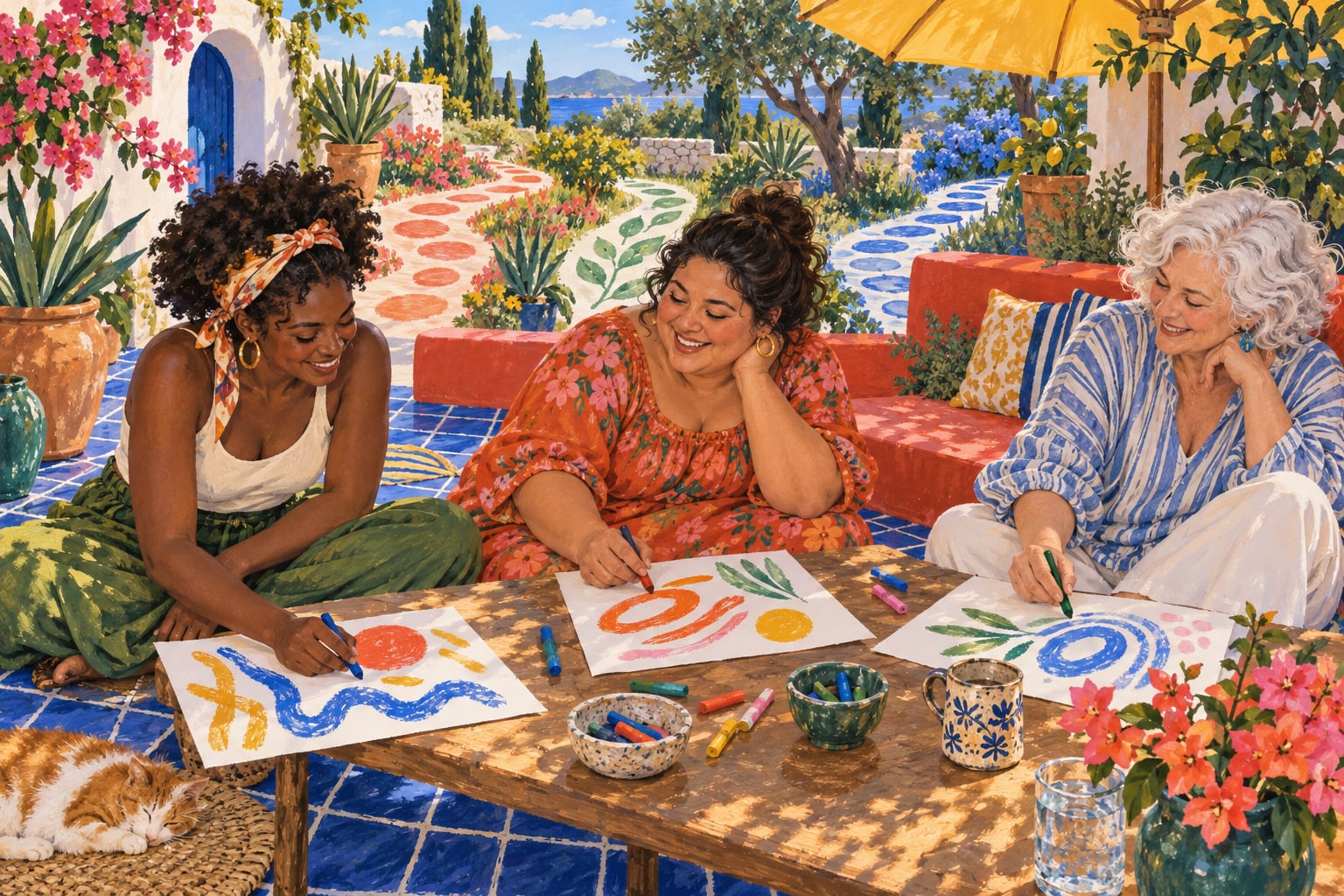 Three women color their own drawings around a table in a bright courtyard.