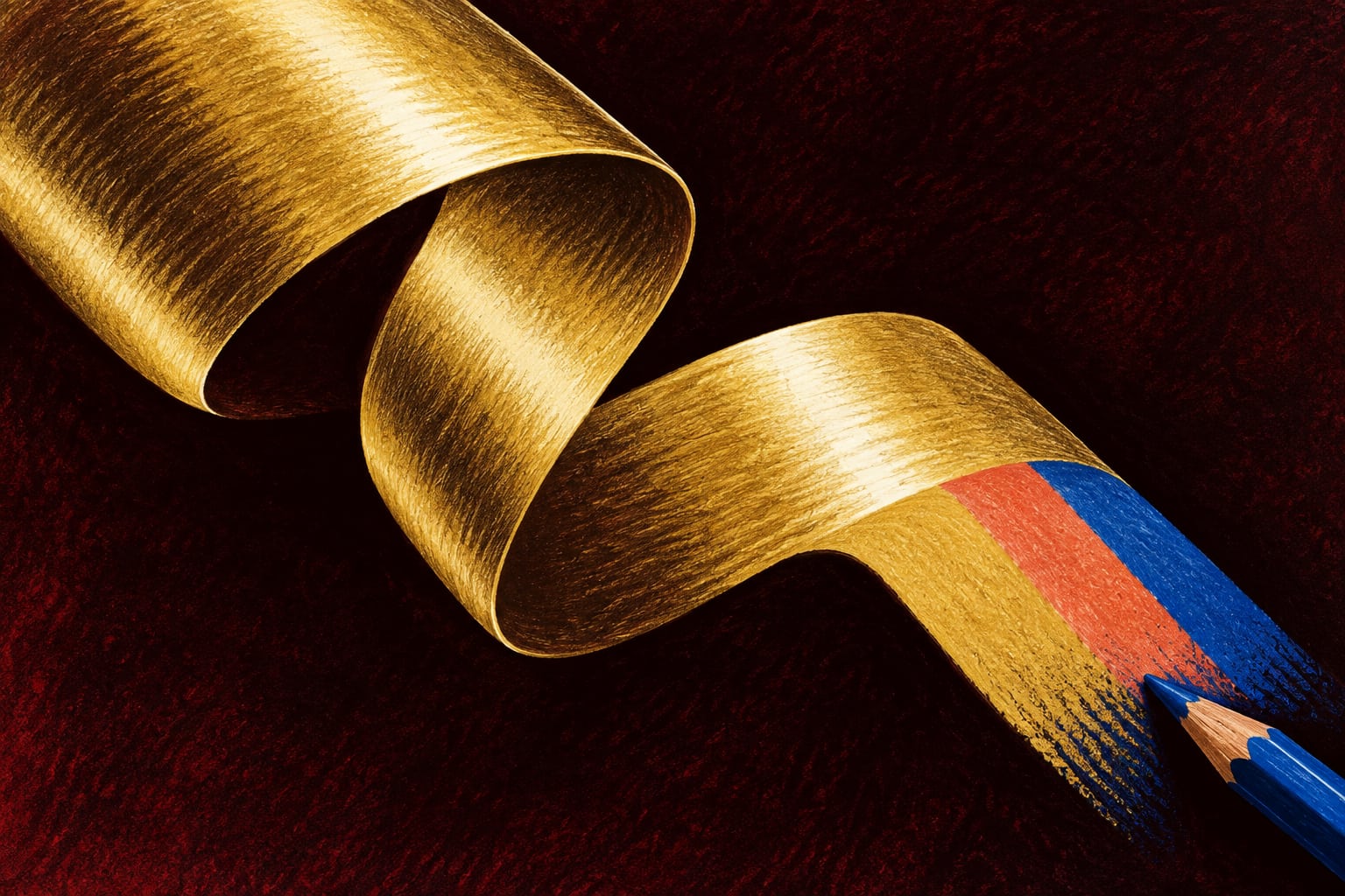 Illustration of a golden ribbon with highlights and shadows turning into matte color bands.