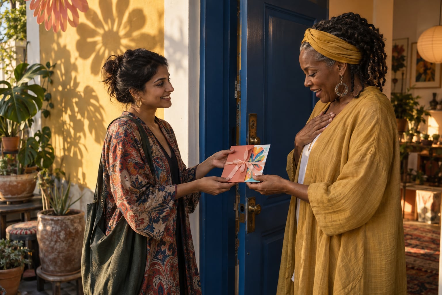 A woman gives another woman a small original illustration in a sleeve beside a blue doorway.
