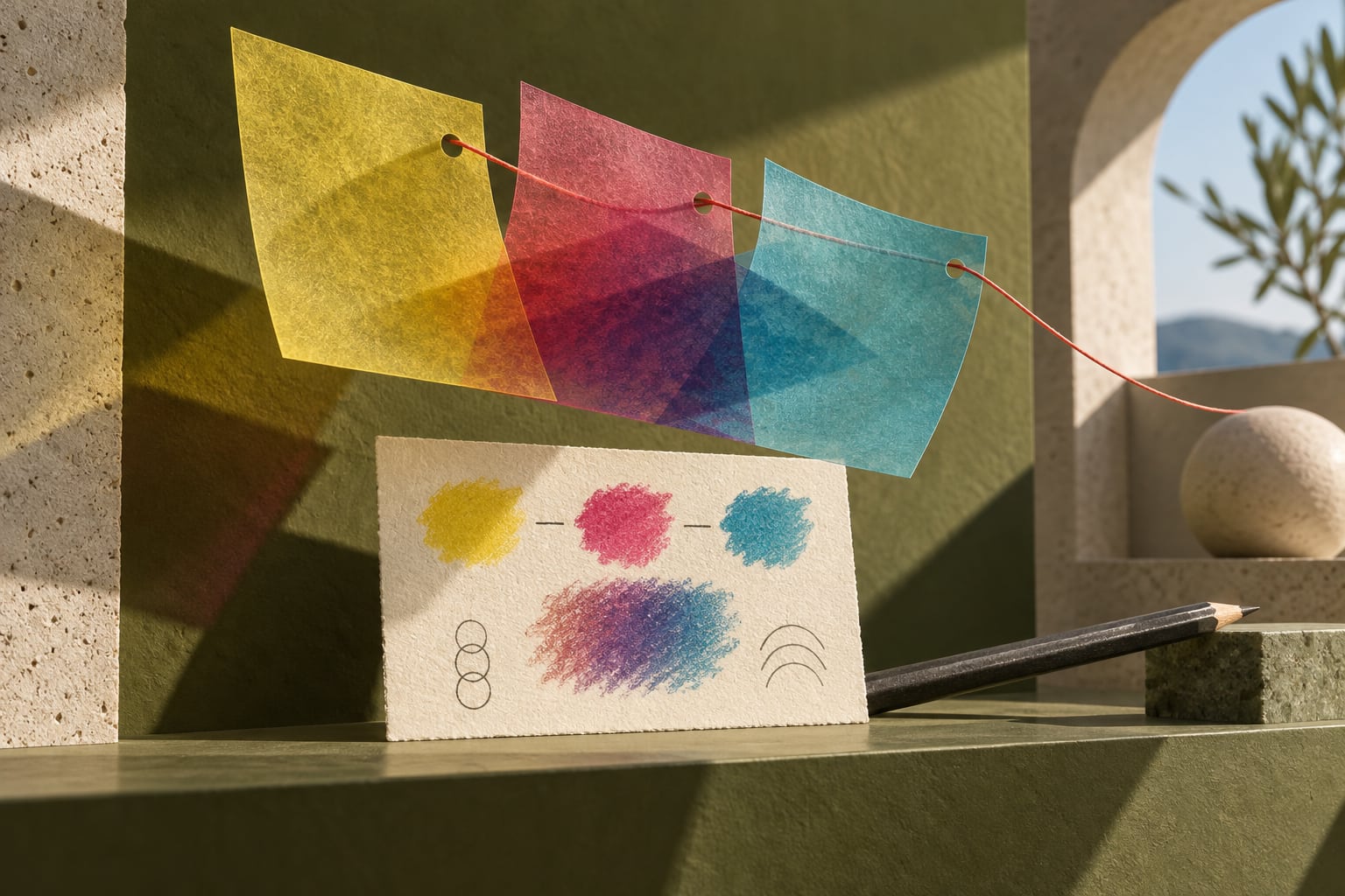Collage of translucent yellow, pink, and turquoise sheets beside a color-swatch card.