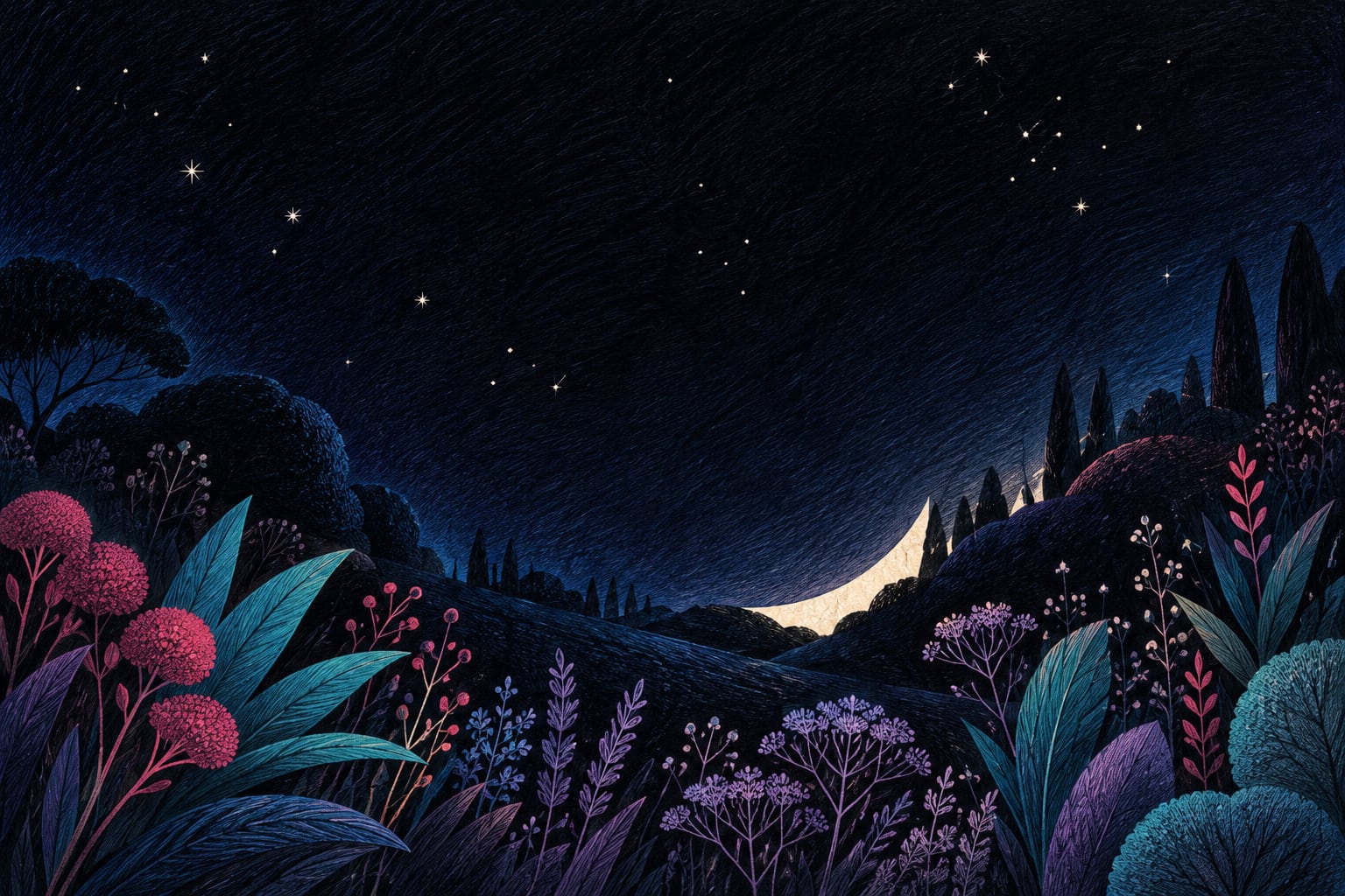Illustrated night garden with small reserved points of light against an indigo sky.