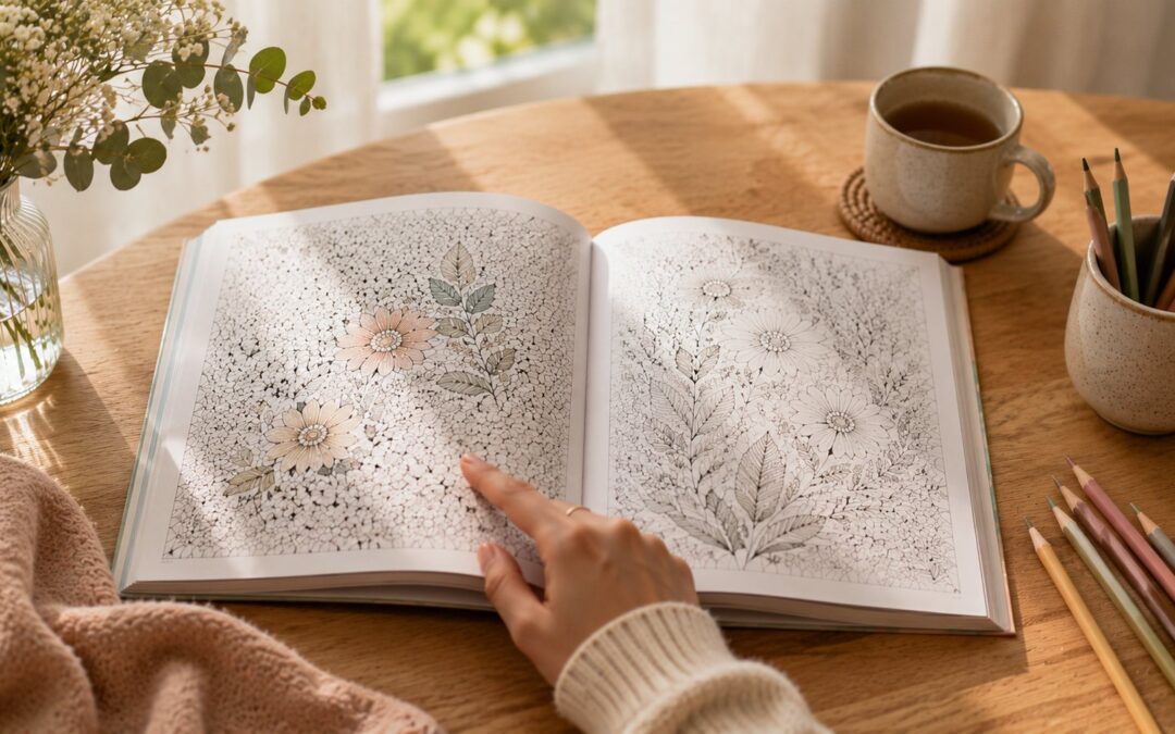 Libro de colorear abierto con varias páginas y lápices suaves para elegir por dónde empezar