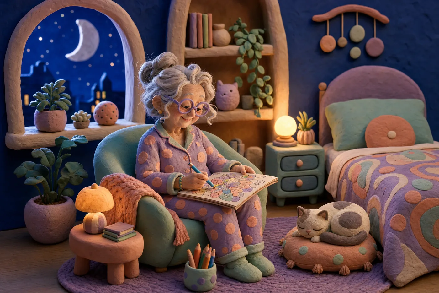 Escena nocturna de plastilina para una pausa antes de dormir
