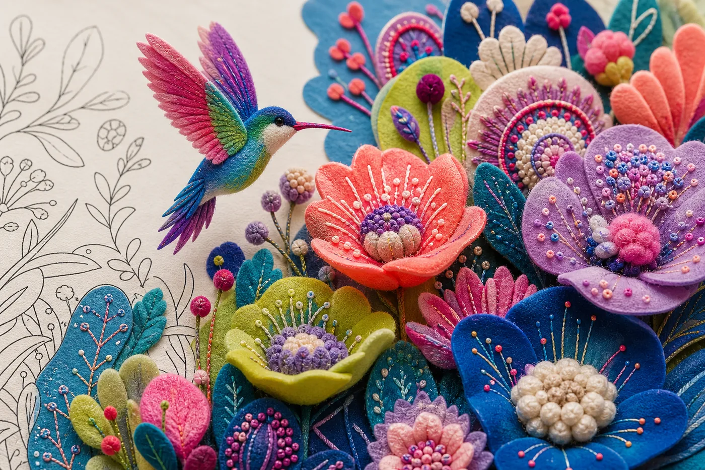 Flores imaginarias hechas de fieltro en colores inesperados
