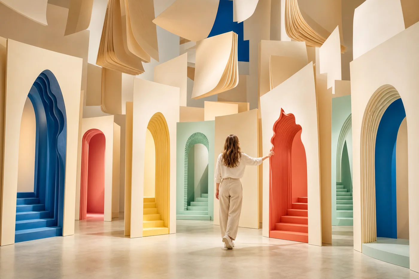 Paginas de papel convertidas en puertas de colores