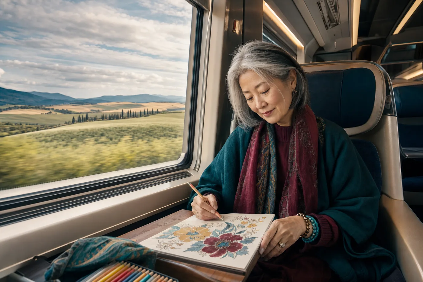 Mujer adulta coloreando durante un trayecto en tren