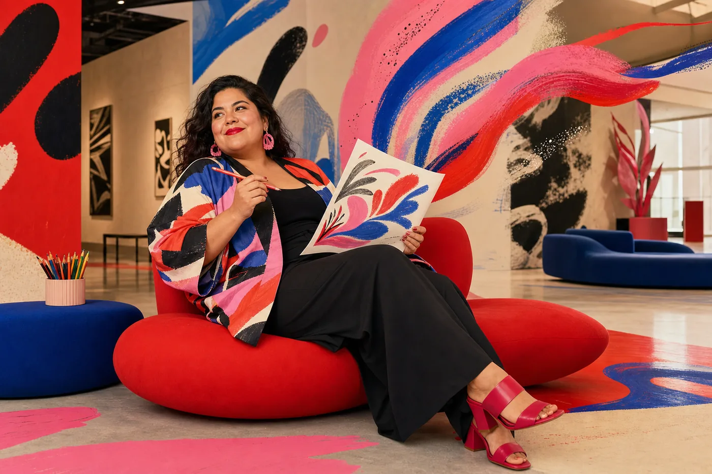 Mujer en un espacio creativo de tecnica mixta lleno de color