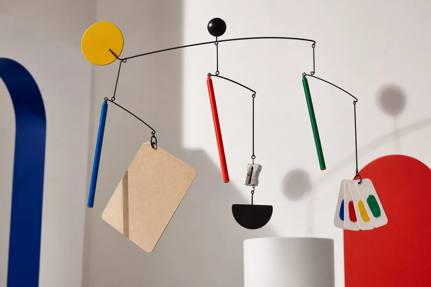 Lapices y materiales basicos convertidos en una escultura Bauhaus