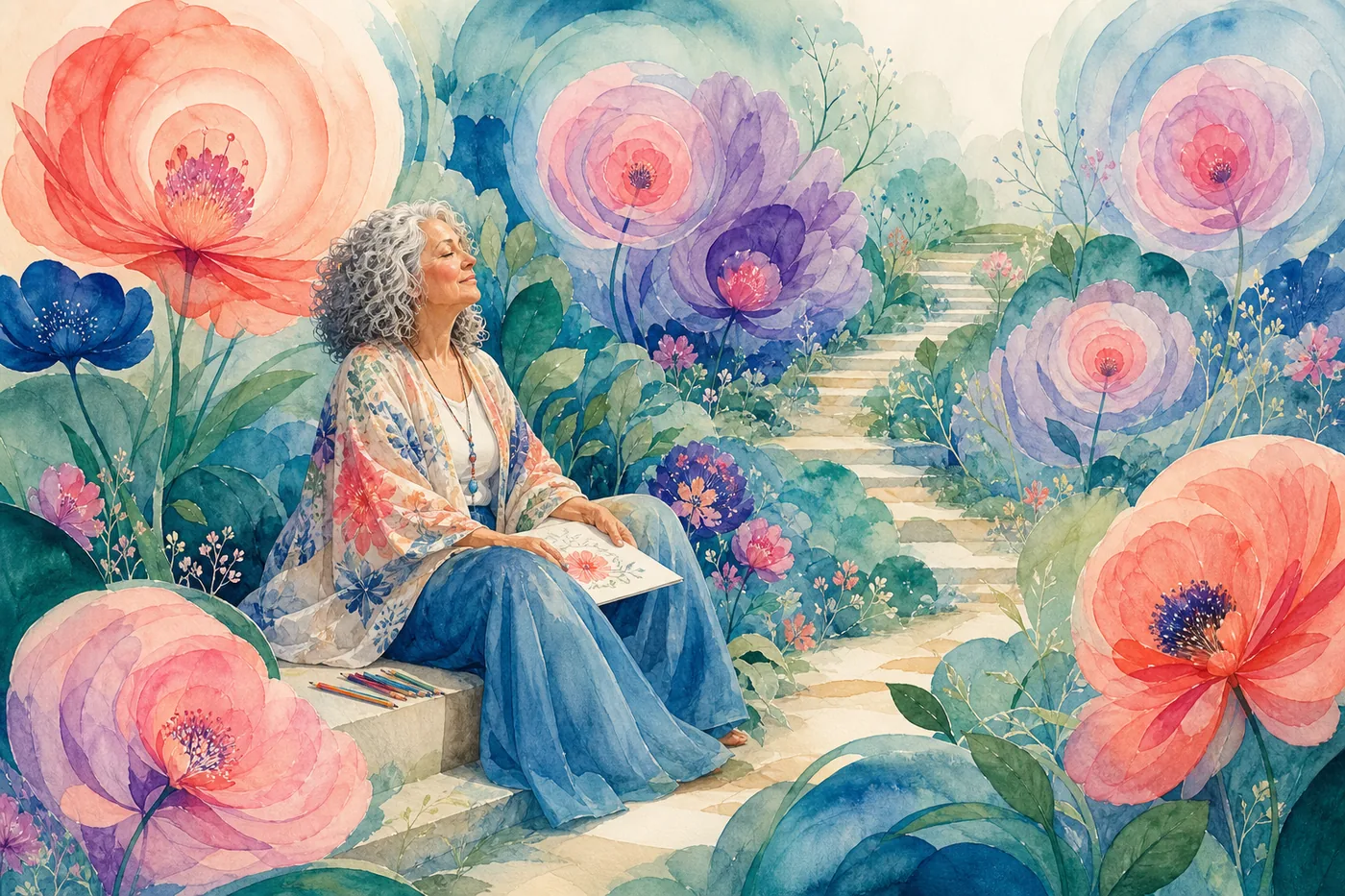 Mujer rodeada por un jardin de flores en acuarela