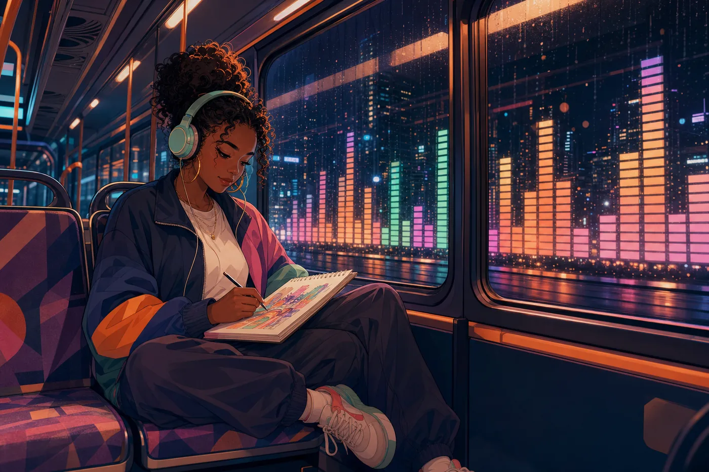 Mujer escuchando musica lofi en un tranvia nocturno ilustrado