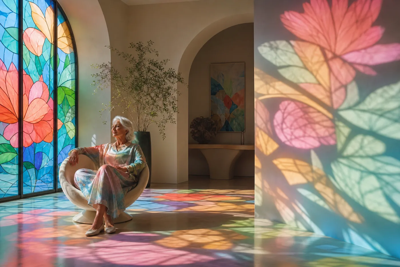 Mujer mayor envuelta por luz floral de vitral