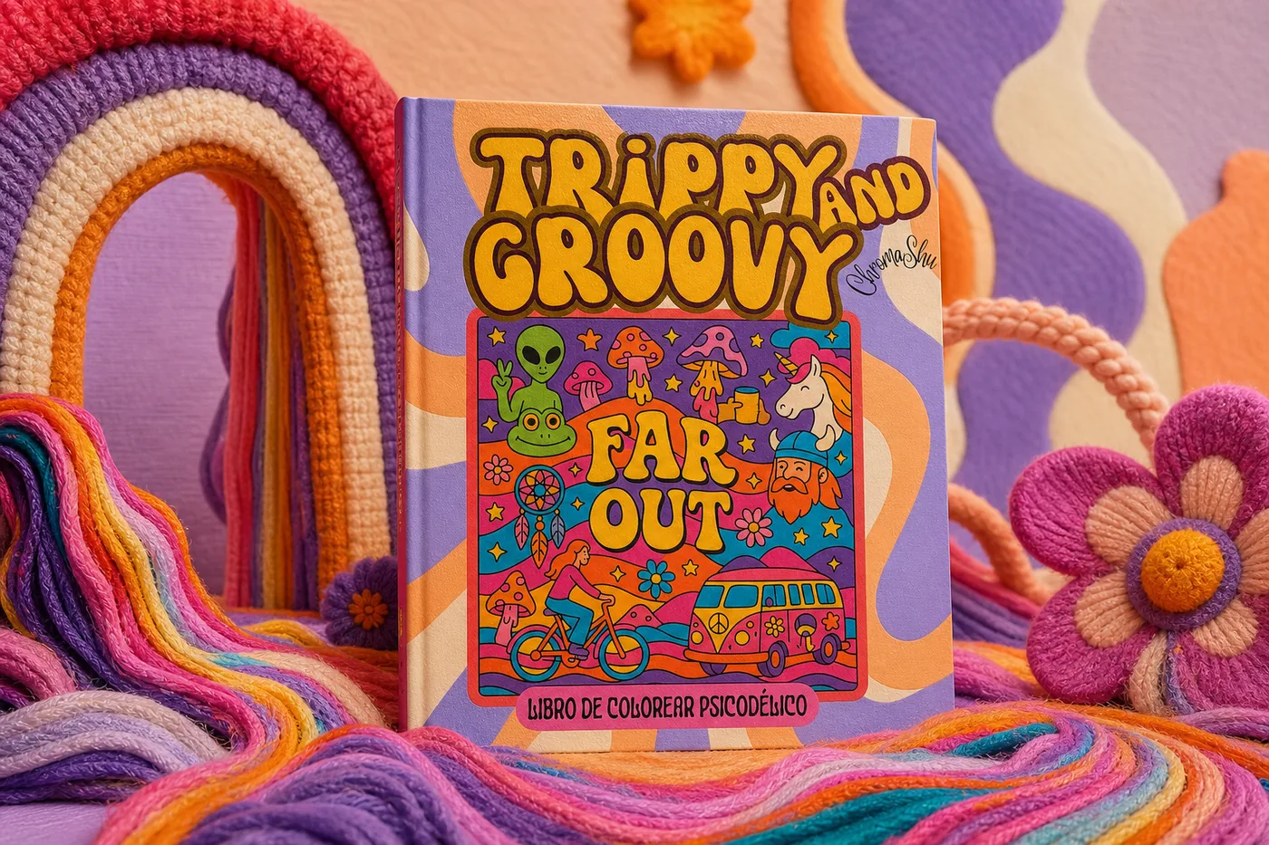 Libro Trippy and Groovy recreado dentro de un mundo de arte textil