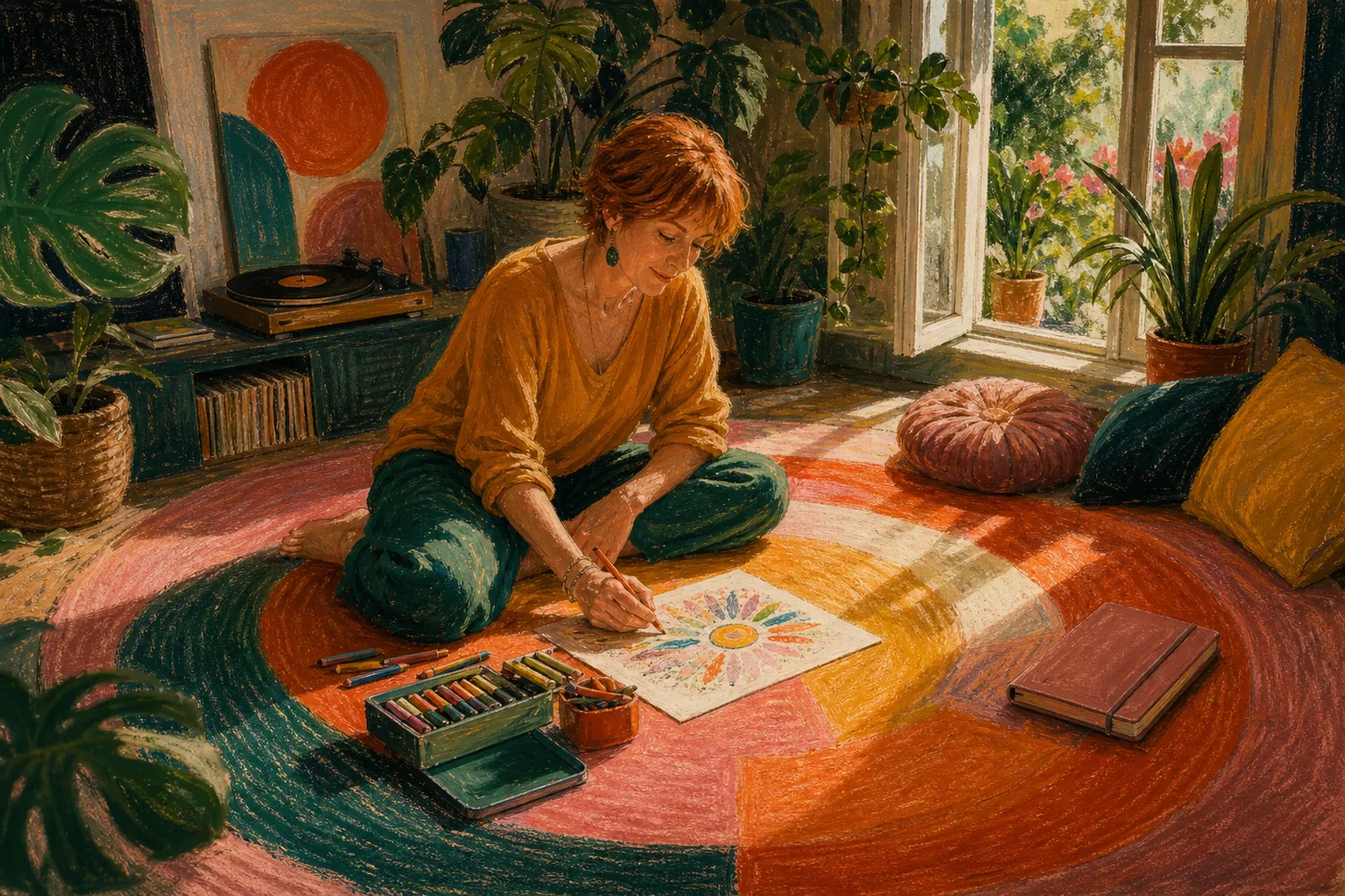Mujer disfrutando un ritual creativo de domingo en estilo pastel al oleo