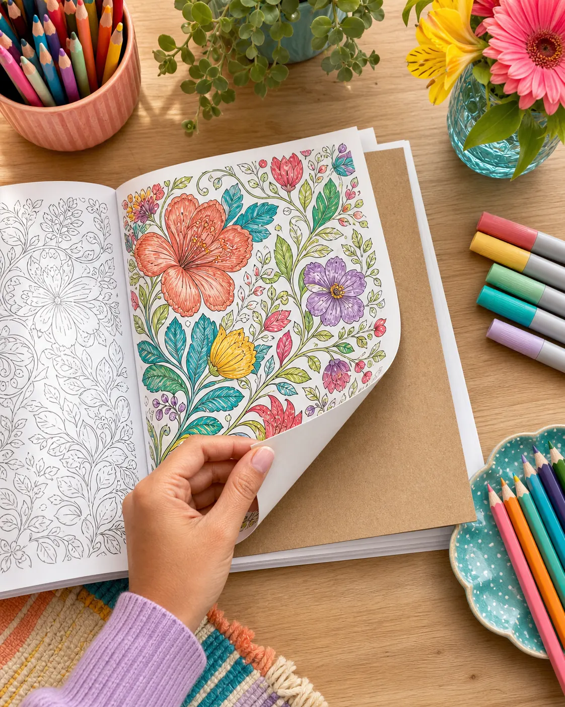 Libro de colorear abierto con cart&oacute;n protector bajo la p&aacute;gina activa